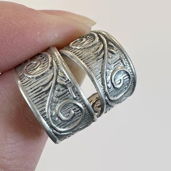 Jewelry - Hoop Earrings, Boho, Etched, Silver Tone, Half Hoop, Vintage, Lightweight